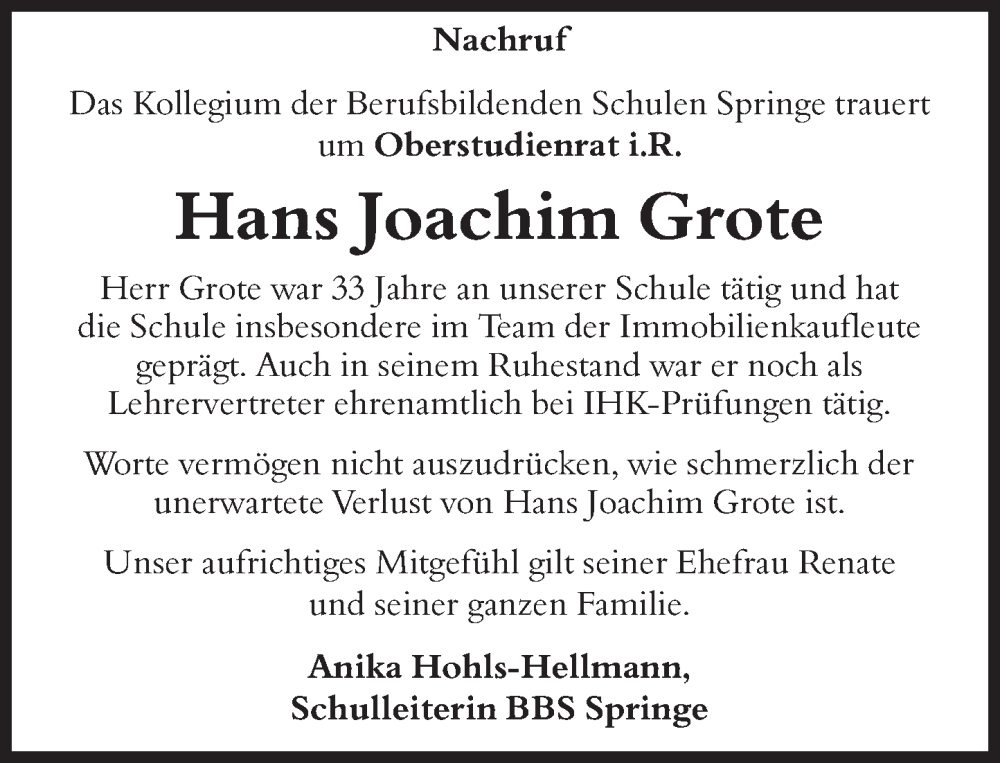  Traueranzeige für Hans Joachim Grote vom 17.01.2024 aus Deister- und Weserzeitung