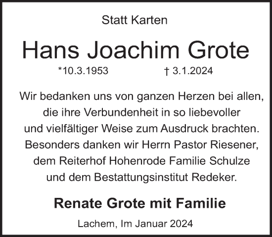 Traueranzeige von Hans Joachim Grote von Deister- und Weserzeitung