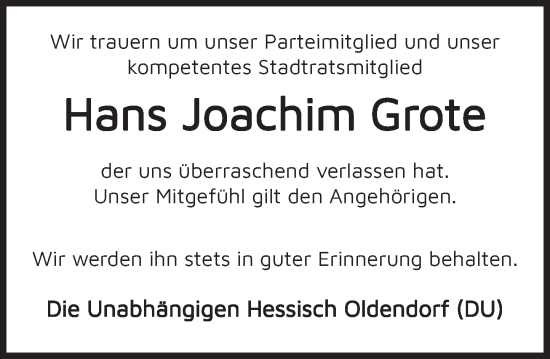 Traueranzeige von Hans Joachim Grote von Deister- und Weserzeitung