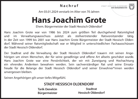 Traueranzeige von Hans Joachimm Grote von Deister- und Weserzeitung