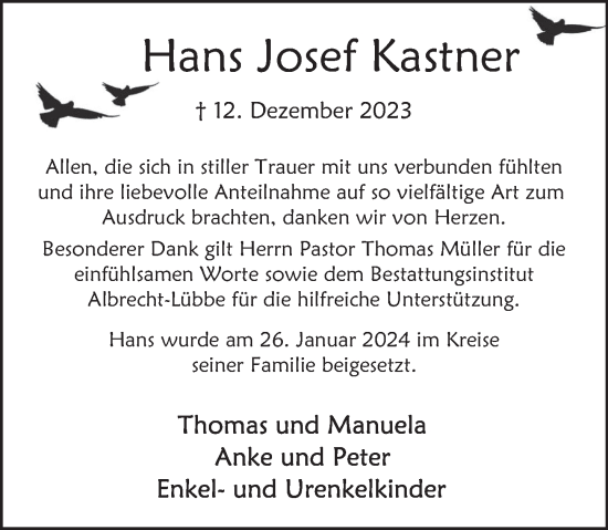 Traueranzeige von Hans Josef Kastner von Deister- und Weserzeitung