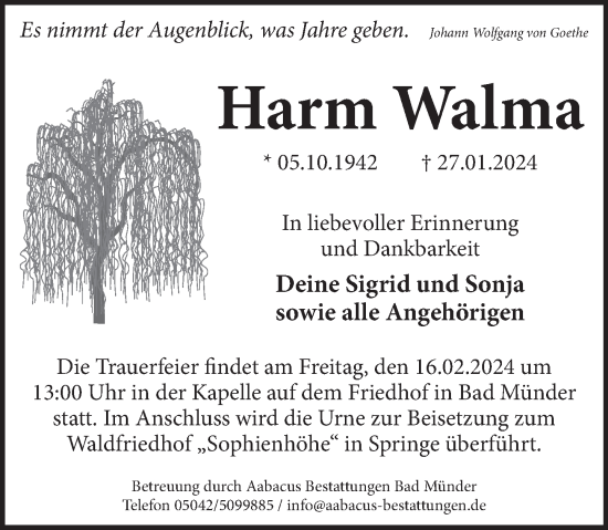 Traueranzeige von Harm Walma von Neue Deister-Zeitung