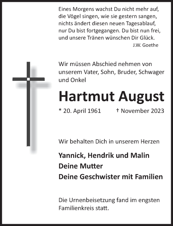 Traueranzeige von Hartmut August von Deister- und Weserzeitung