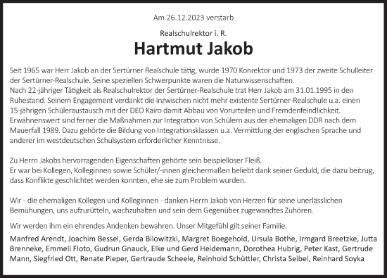 Traueranzeige von Hartmut Jakob von Deister- und Weserzeitung
