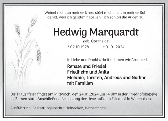 Traueranzeige von Hedwig Marquardt von Deister- und Weserzeitung