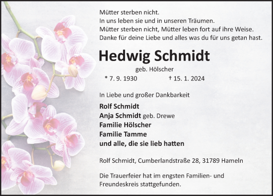 Traueranzeige von Hedwig Schmidt von Deister- und Weserzeitung