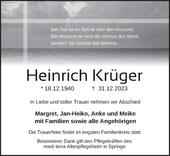 Traueranzeige von Heinrich Krüger von Neue Deister-Zeitung