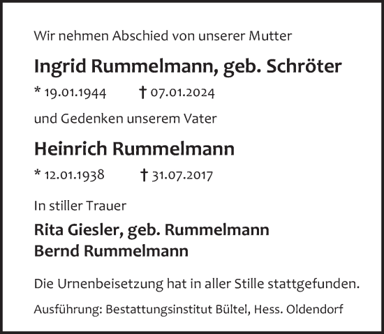 Traueranzeige von Heinrich Rummelmann von Deister- und Weserzeitung