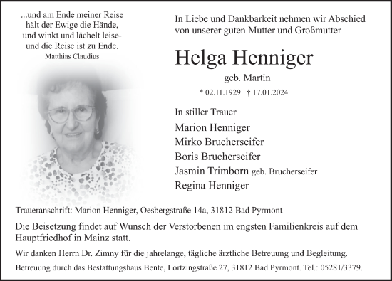 Traueranzeige von Helga Henniger von Deister- und Weserzeitung