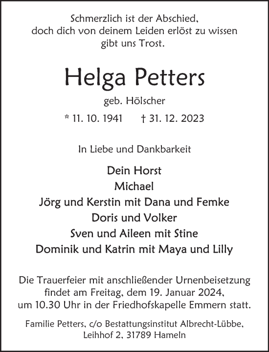 Traueranzeige von Helga Petters von Deister- und Weserzeitung