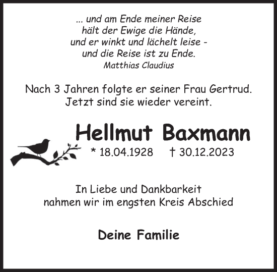 Traueranzeige von Hellmut Baxmann von Deister- und Weserzeitung