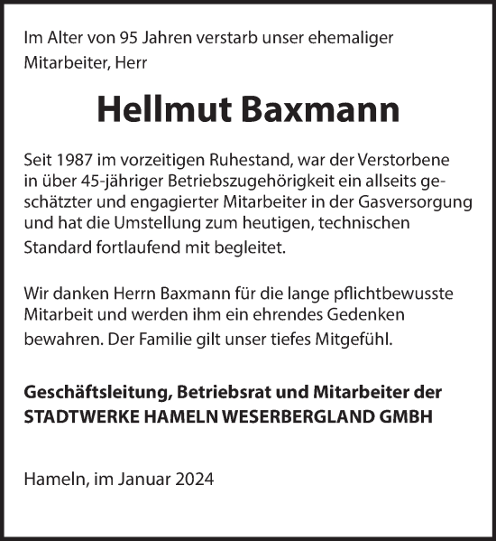 Traueranzeige von Hellmut Baxmann von Deister- und Weserzeitung