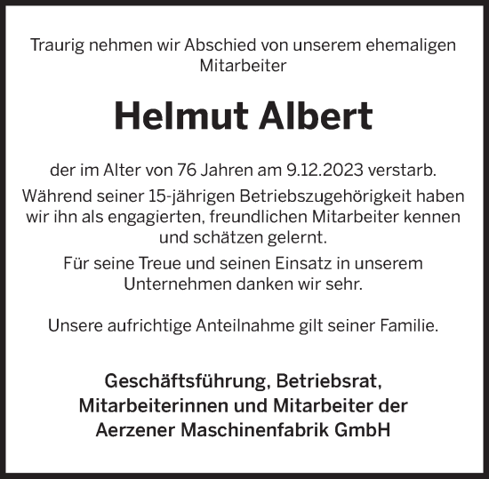 Traueranzeige von Helmut Albert von Deister- und Weserzeitung