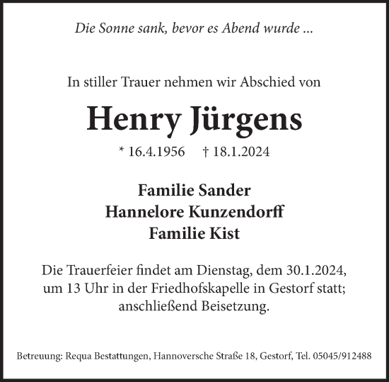 Traueranzeige von Henry Jürgens von Neue Deister-Zeitung