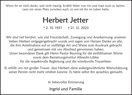 Traueranzeige von Herbert Jetter von Deister- und Weserzeitung