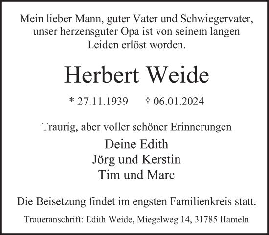 Traueranzeige von Herbert Weide von Deister- und Weserzeitung