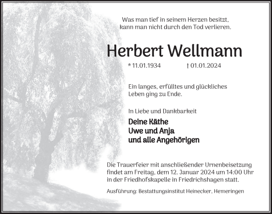 Traueranzeige von Herbert Wellmann von Deister- und Weserzeitung
