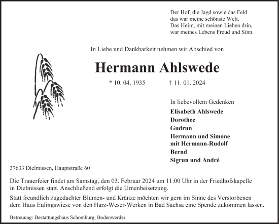 Traueranzeige von Hermann Ahlswede von Deister- und Weserzeitung