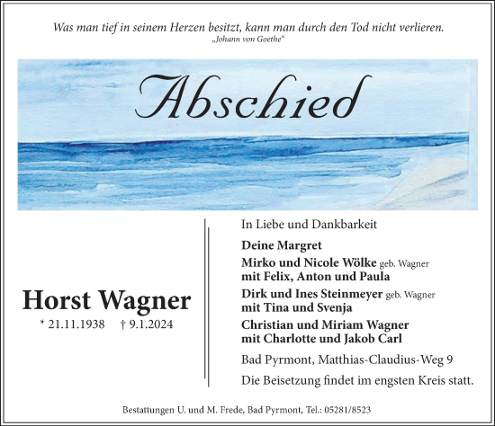 Traueranzeige von Horst Wagner von Deister- und Weserzeitung