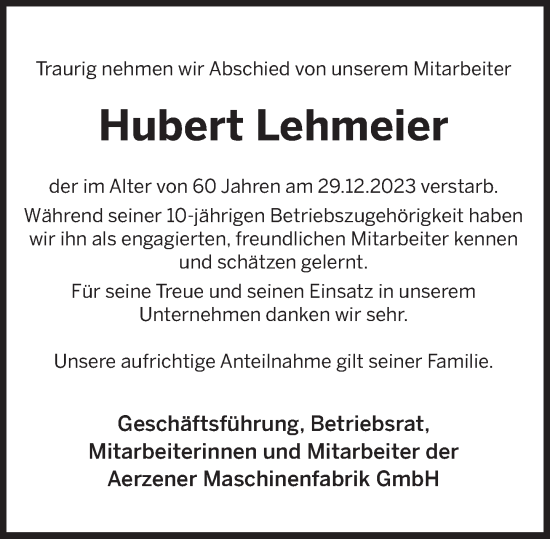 Traueranzeige von Hubert Lehmeier von Deister- und Weserzeitung