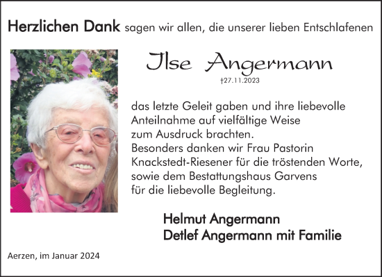 Traueranzeige von Ilse Angermann von Deister- und Weserzeitung