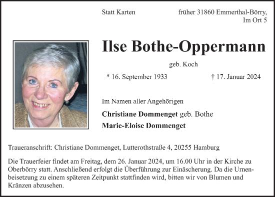 Traueranzeige von Ilse Bothe-Oppermann von Deister- und Weserzeitung