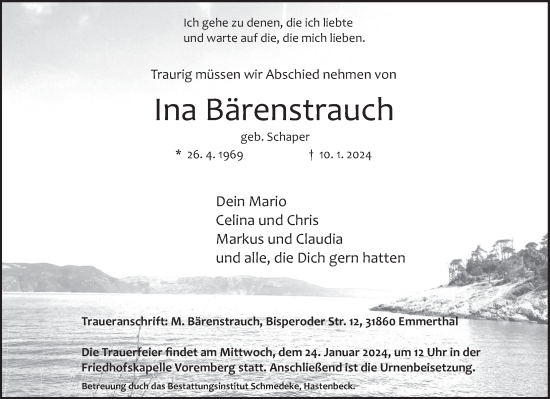 Traueranzeige von Ina Bärenstrauch von Deister- und Weserzeitung