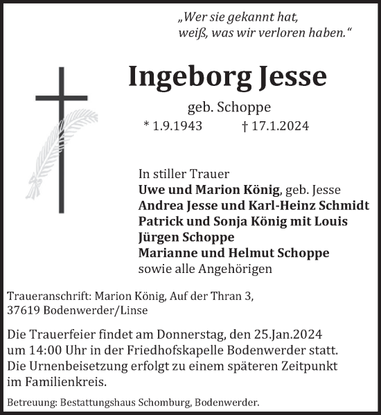 Traueranzeige von Ingeborg Jesse von Deister- und Weserzeitung