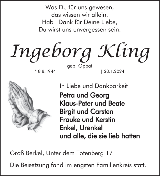 Traueranzeige von Ingeborg Kling von Deister- und Weserzeitung