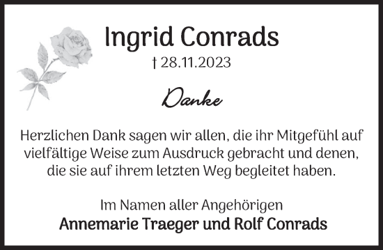 Traueranzeige von Ingrid Conrads von Deister- und Weserzeitung