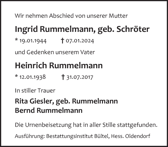 Traueranzeige von Ingrid Rummelmann von Deister- und Weserzeitung