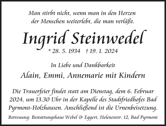 Traueranzeige von Ingrid Steinwedel von Deister- und Weserzeitung