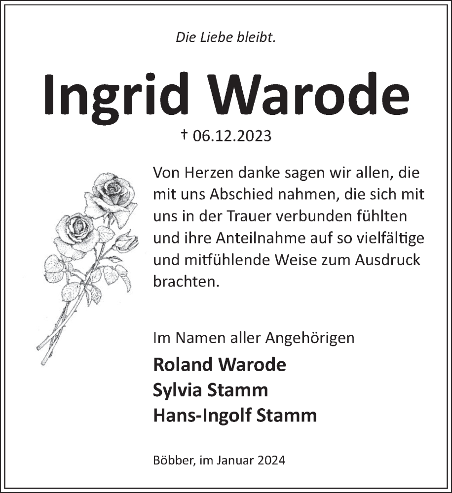  Traueranzeige für Ingrid Warode vom 13.01.2024 aus Neue Deister-Zeitung
