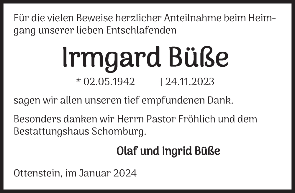  Traueranzeige für Irmgard Büße vom 27.01.2024 aus Deister- und Weserzeitung
