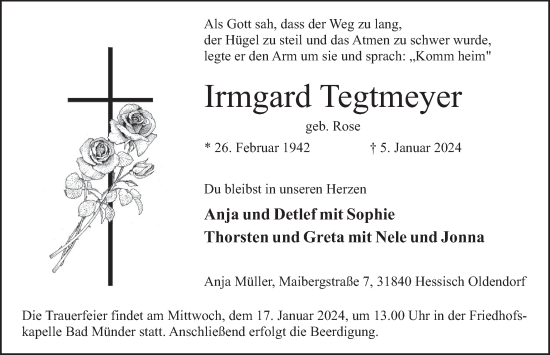 Traueranzeige von Irmgard Tegtmeyer von Neue Deister-Zeitung