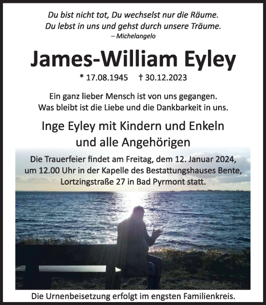 Traueranzeige von James-William Eyley von Deister- und Weserzeitung