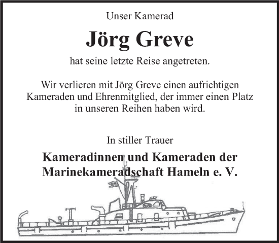 Traueranzeige von Jörg Greve von Deister- und Weserzeitung