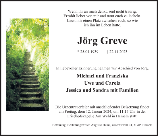 Traueranzeige von Jörg Greve von Deister- und Weserzeitung