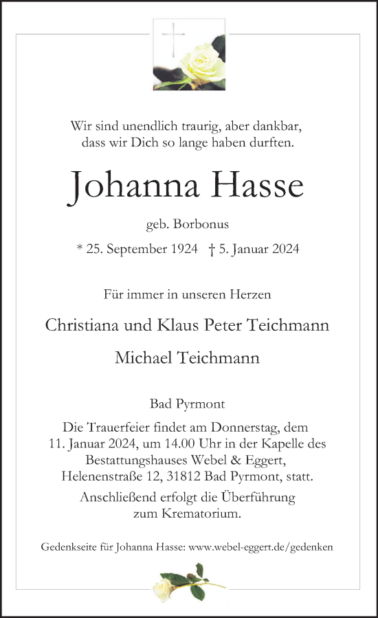 Traueranzeige von Johanna Hasse von Deister- und Weserzeitung