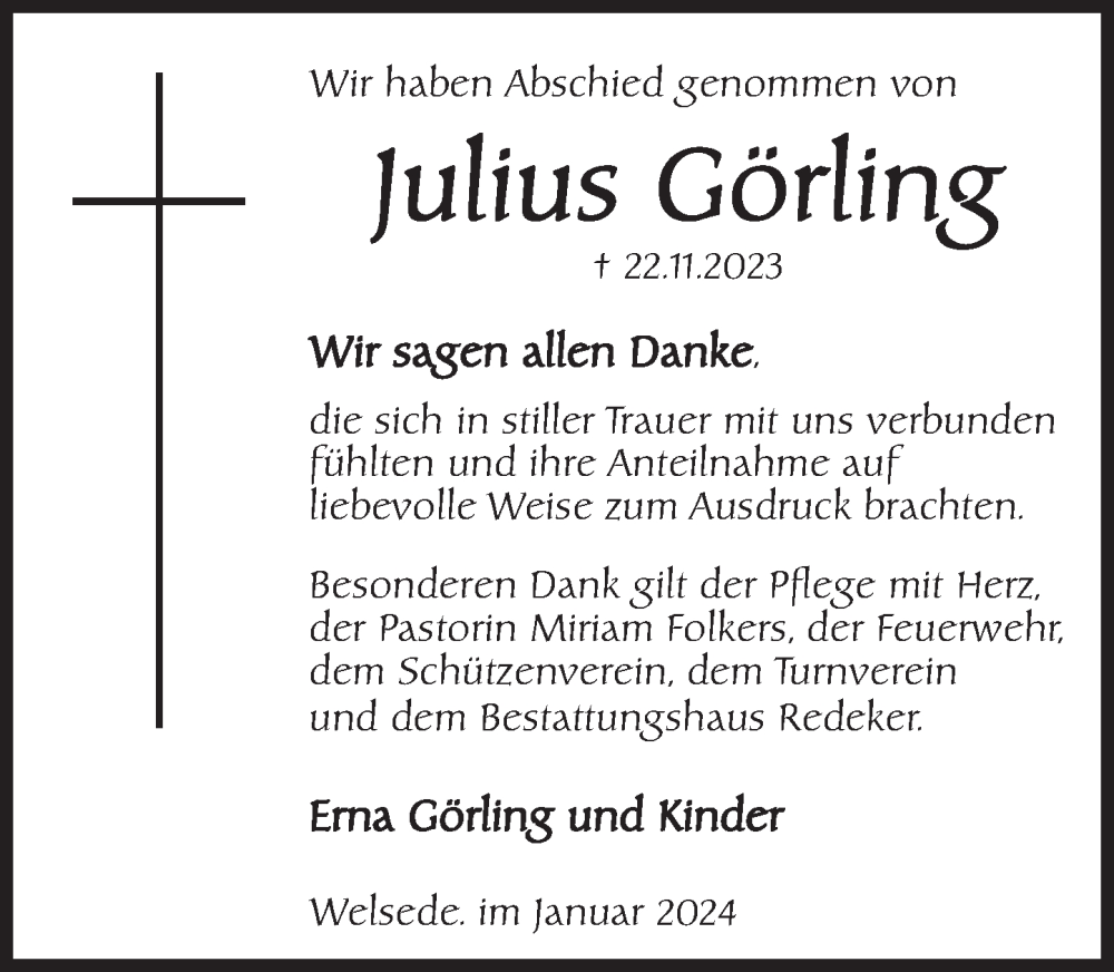  Traueranzeige für Julius Görling vom 20.01.2024 aus Deister- und Weserzeitung