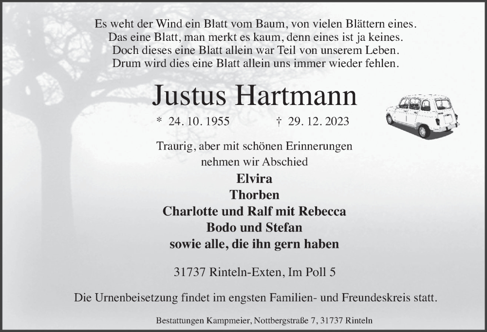  Traueranzeige für Justus Hartmann vom 06.01.2024 aus Deister- und Weserzeitung