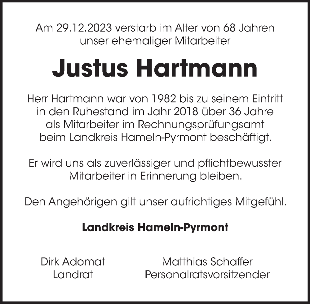  Traueranzeige für Justus Hartmann vom 27.01.2024 aus Deister- und Weserzeitung