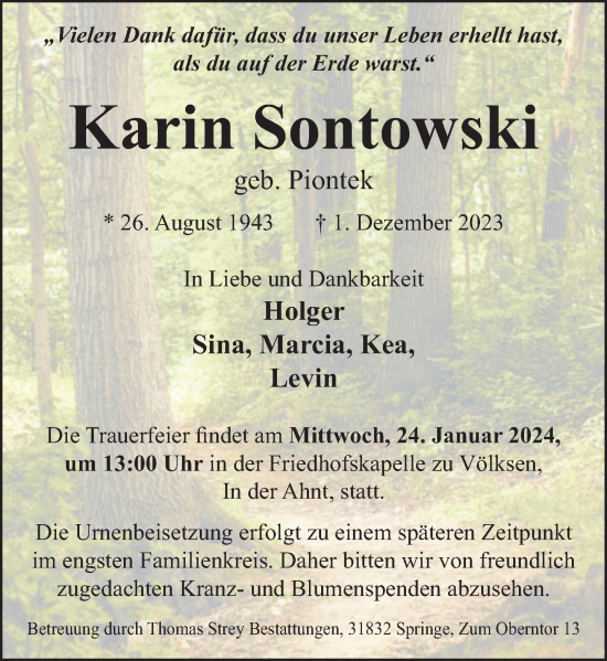 Traueranzeige von Karin Sontowski von Neue Deister-Zeitung