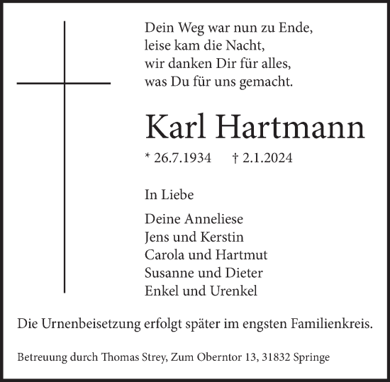 Traueranzeige von Karl Hartmann von Neue Deister-Zeitung