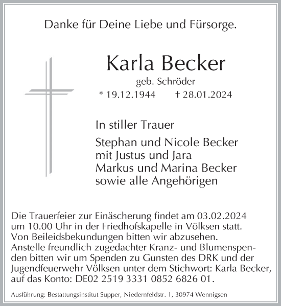 Traueranzeige von Karla Becker von Neue Deister-Zeitung