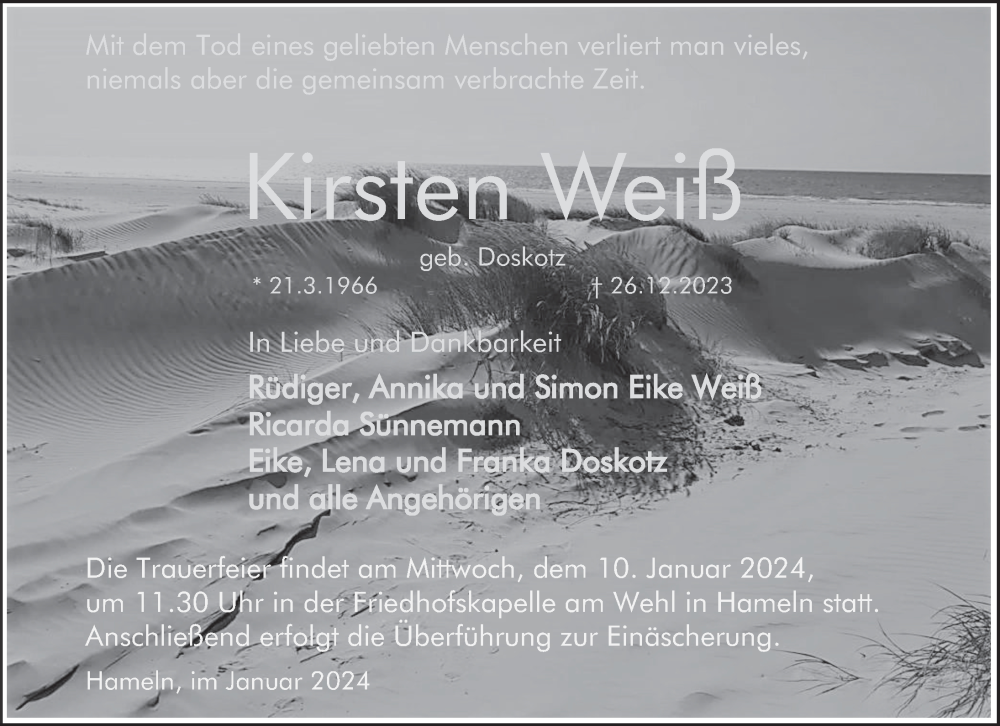  Traueranzeige für Kirsten Weiß vom 05.01.2024 aus Deister- und Weserzeitung