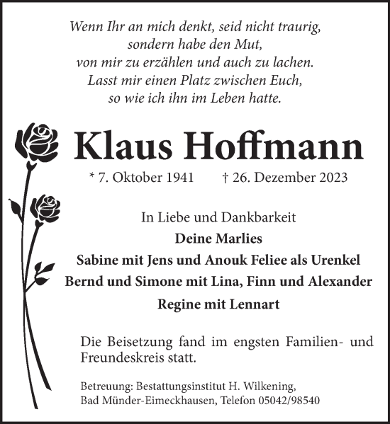 Traueranzeige von Klaus Hoffmann von Neue Deister-Zeitung