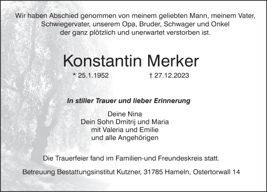 Traueranzeige von Konstantin Merker von Deister- und Weserzeitung