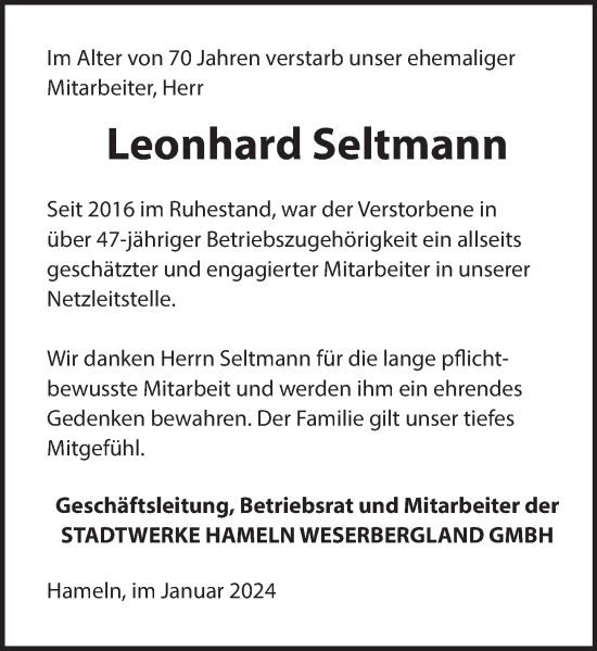 Traueranzeige von Leonhard Seltmann von Deister- und Weserzeitung