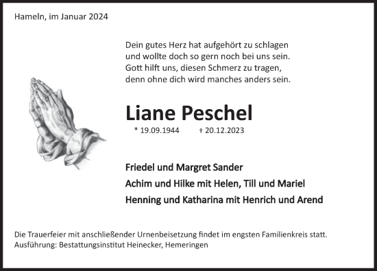 Traueranzeige von Liane Peschel von Deister- und Weserzeitung